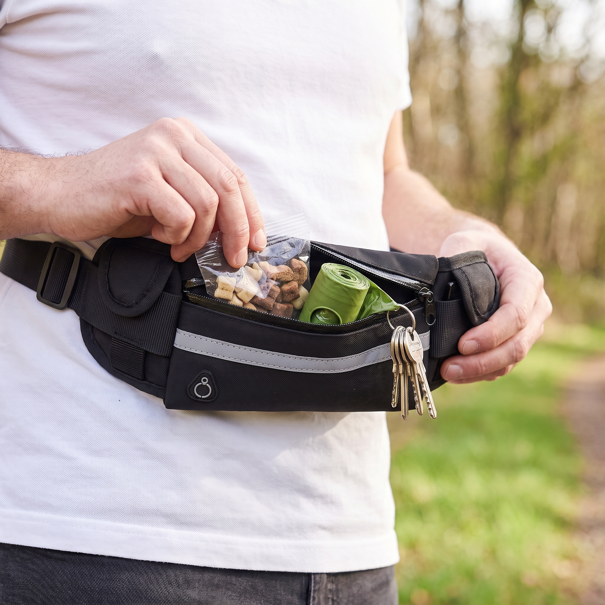 Step 2: load the built-in pouch with treats, poo bags and keys