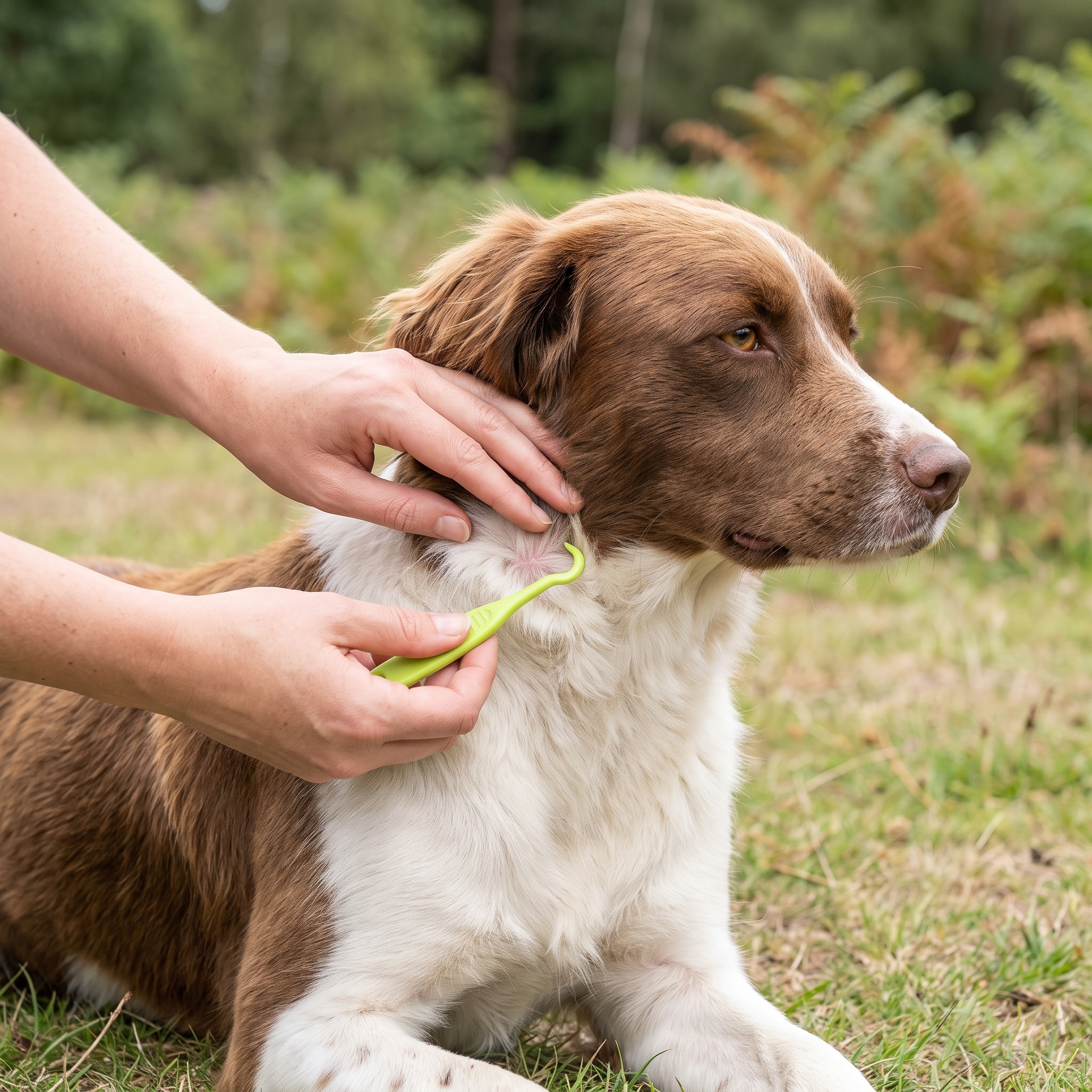Checking a dog for ticks after a walk using the WANDRA tick remover hook