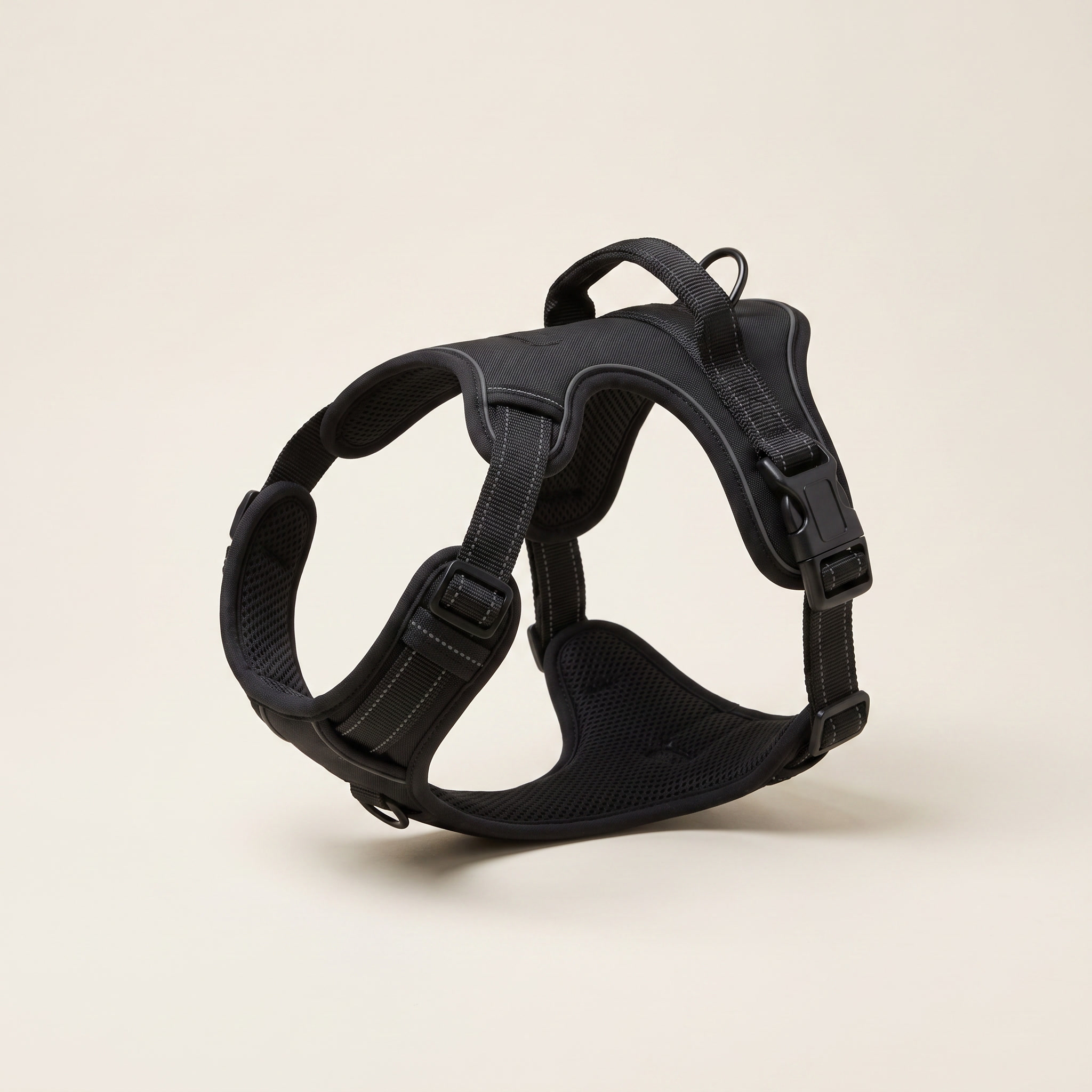 WANDRA Dawn Harness in Black, padded step-in dog vest harness with grab handle, mesh panels and metal D-ring