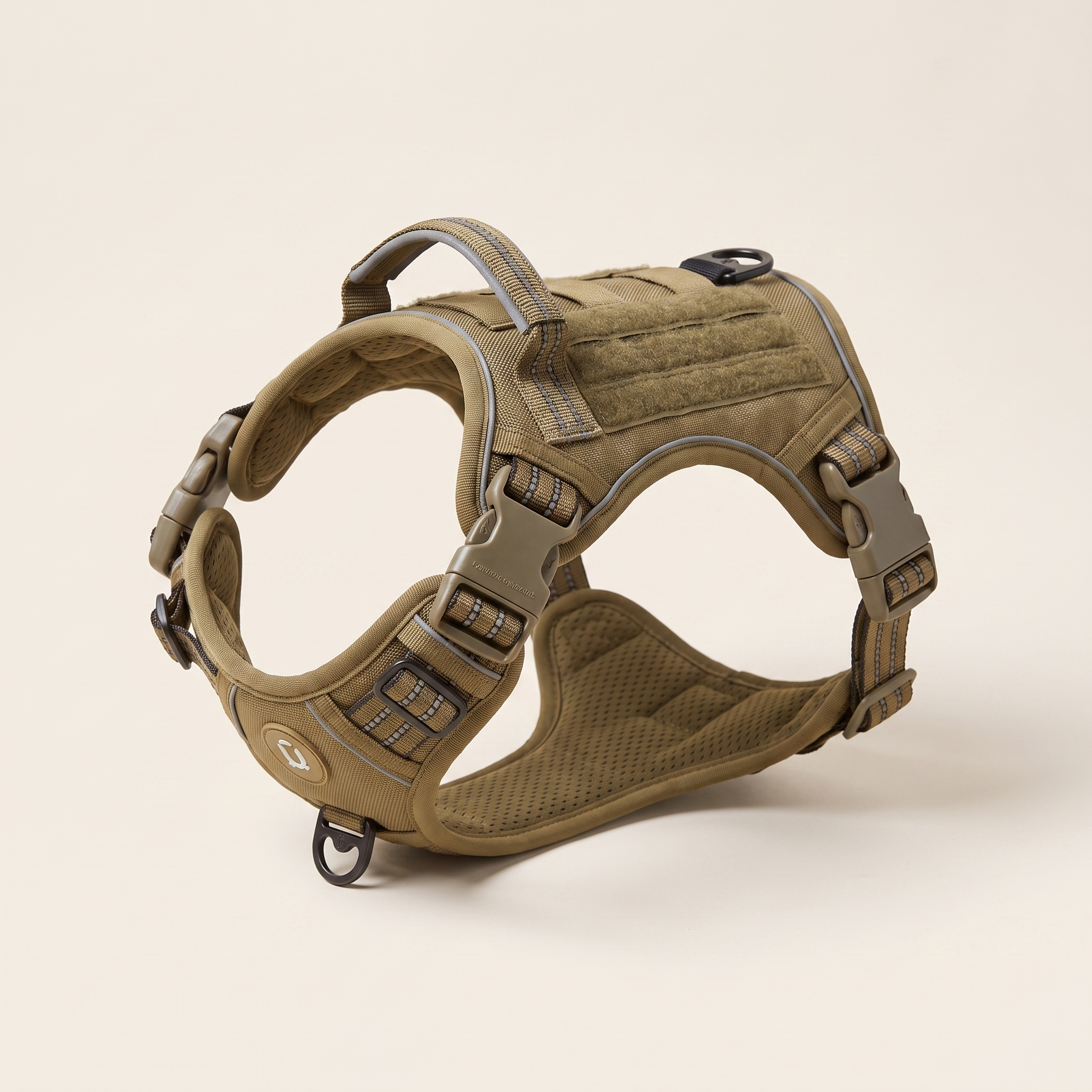 WANDRA Ridgeway Harness in Khaki, padded no-pull dog harness with top handle, reflective trim and metal D-rings
