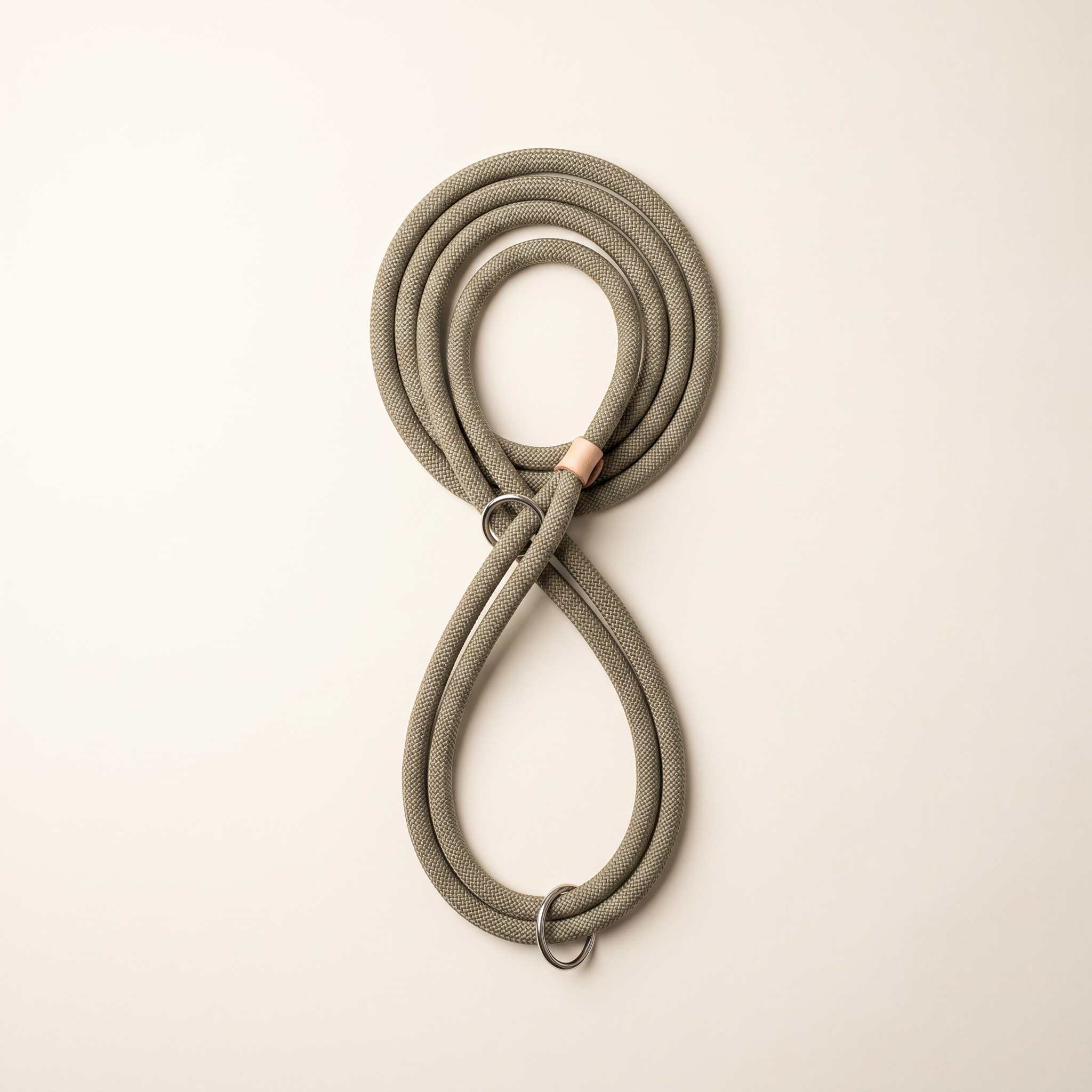 WANDRA Slip Rope in Khaki, braided rope slip lead coiled, with metal ring and sliding stopper