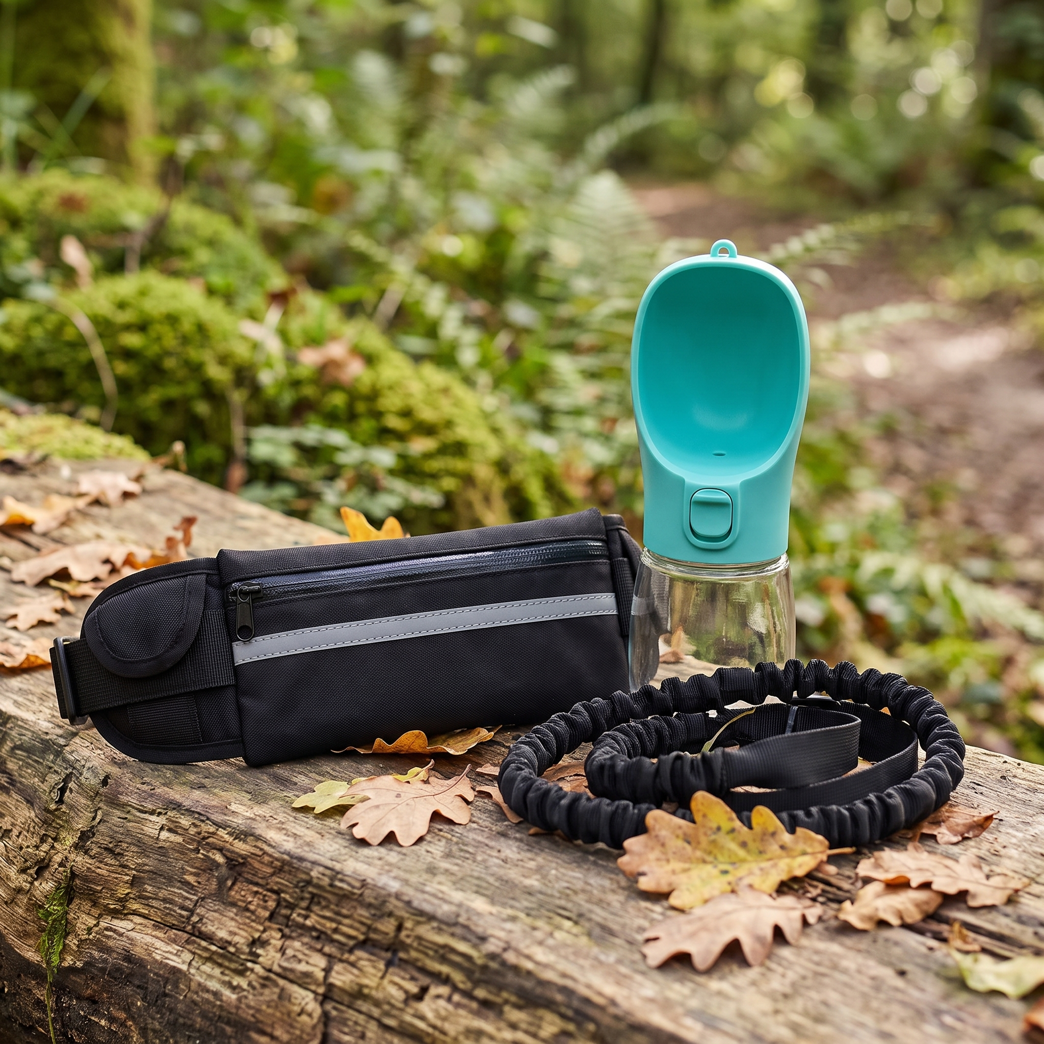 The Roam Lead and Sip Bottle resting together on a mossy log beside a woodland trail