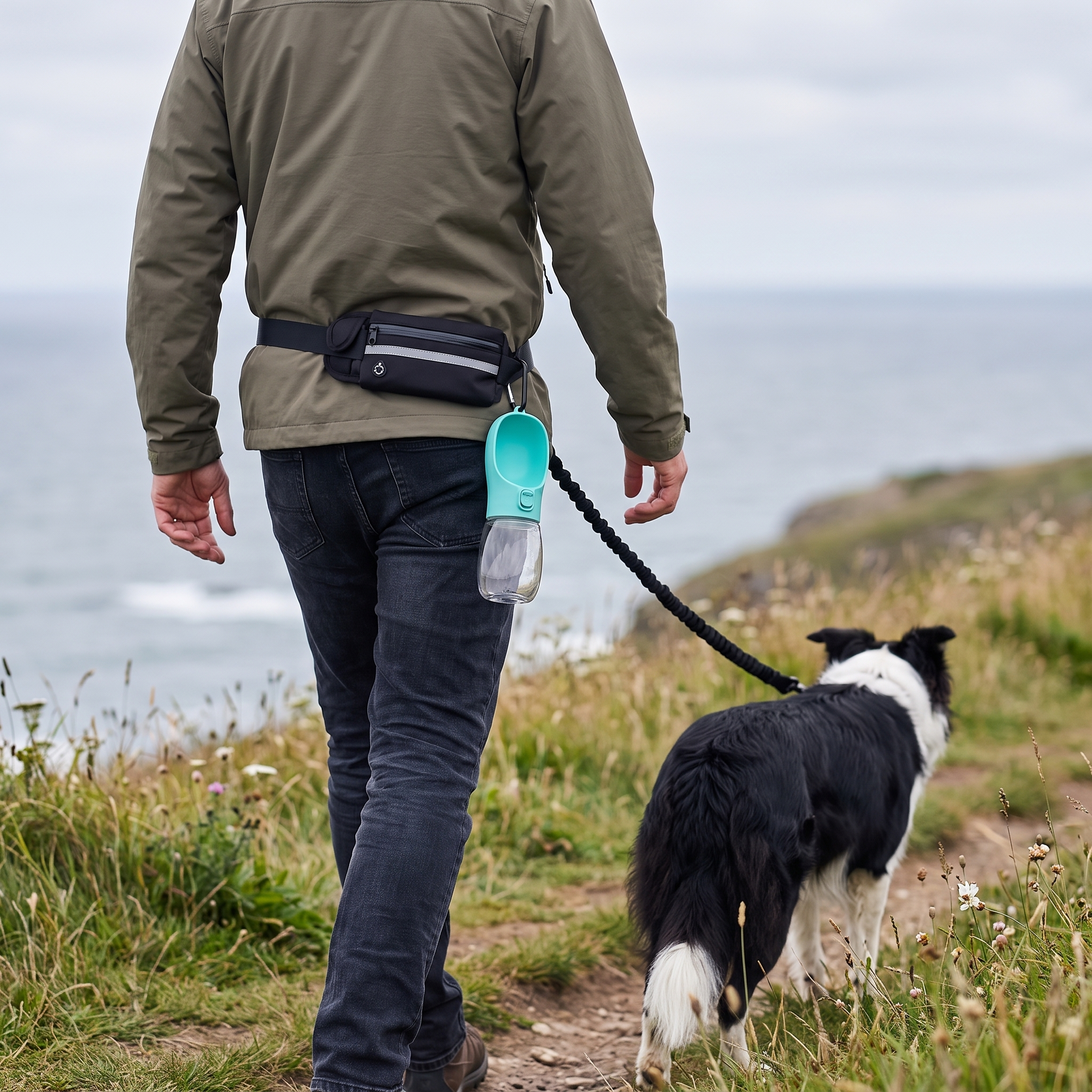 The Roam Lead and Sip Bottle worn hands-free on a UK coastal clifftop path, dog walking alongside