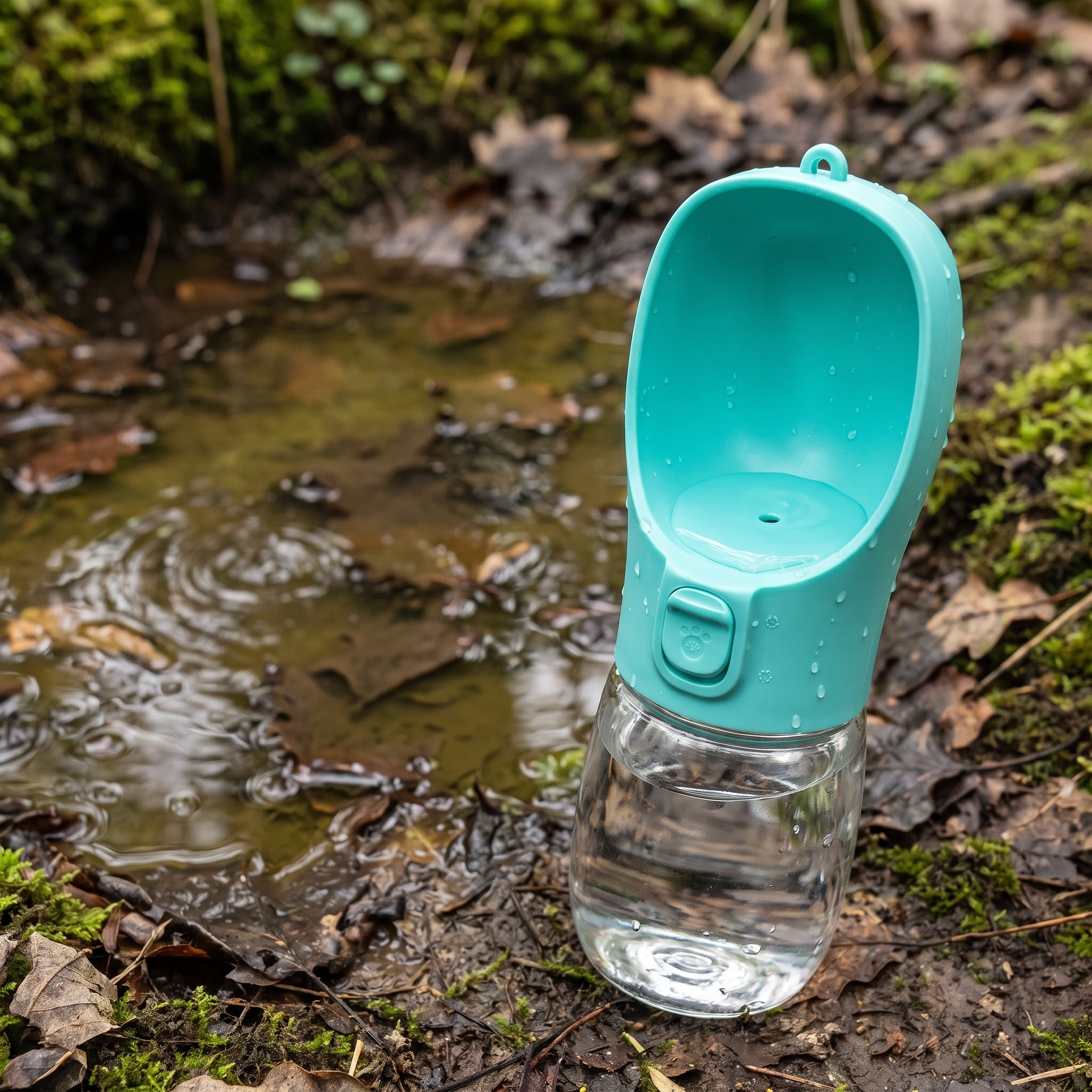 The Sip Bottle filled with clean water beside a muddy woodland pond, showing the clean-water alternative