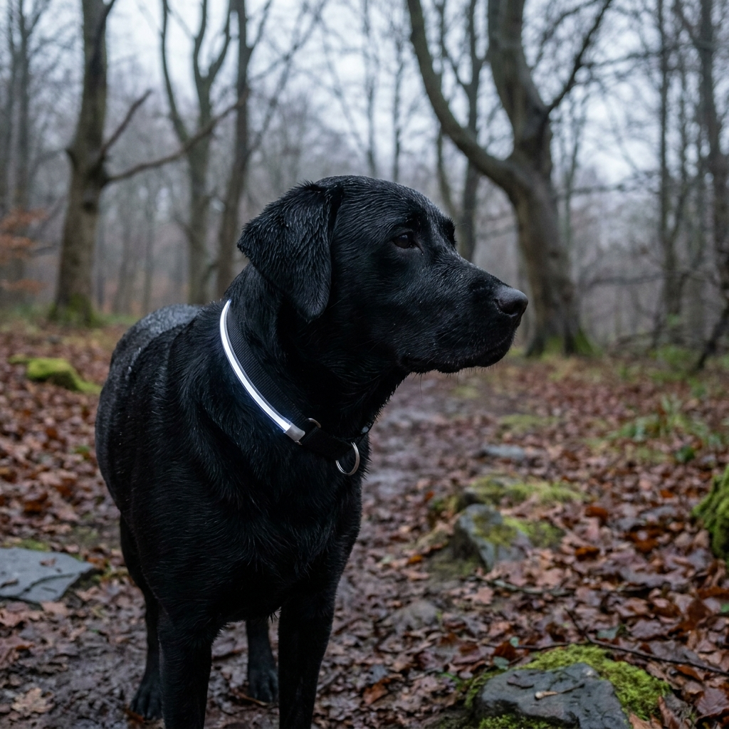 A black Labrador standing on a wet woodland path on a grey winter afternoon, wearing the Wandra Beacon Collar