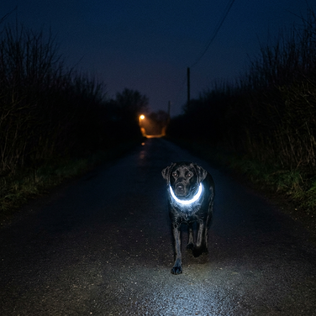 A black Labrador walking down an unlit country lane at night, wearing the Wandra Beacon Collar with its light strip glowing white in the dark
