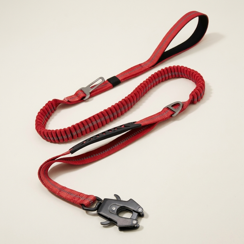 The Wandra Transit Lead in red, laid flat showing the padded handles, bungee section and reflective stitching