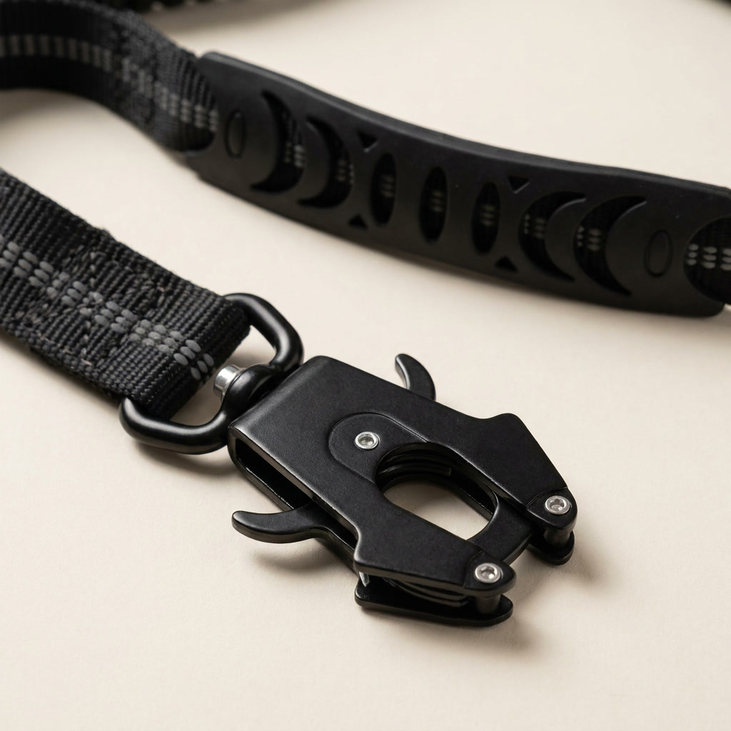 Close-up of the Wandra Transit Lead's heavy metal trigger clip and moulded rubber traffic handle grip