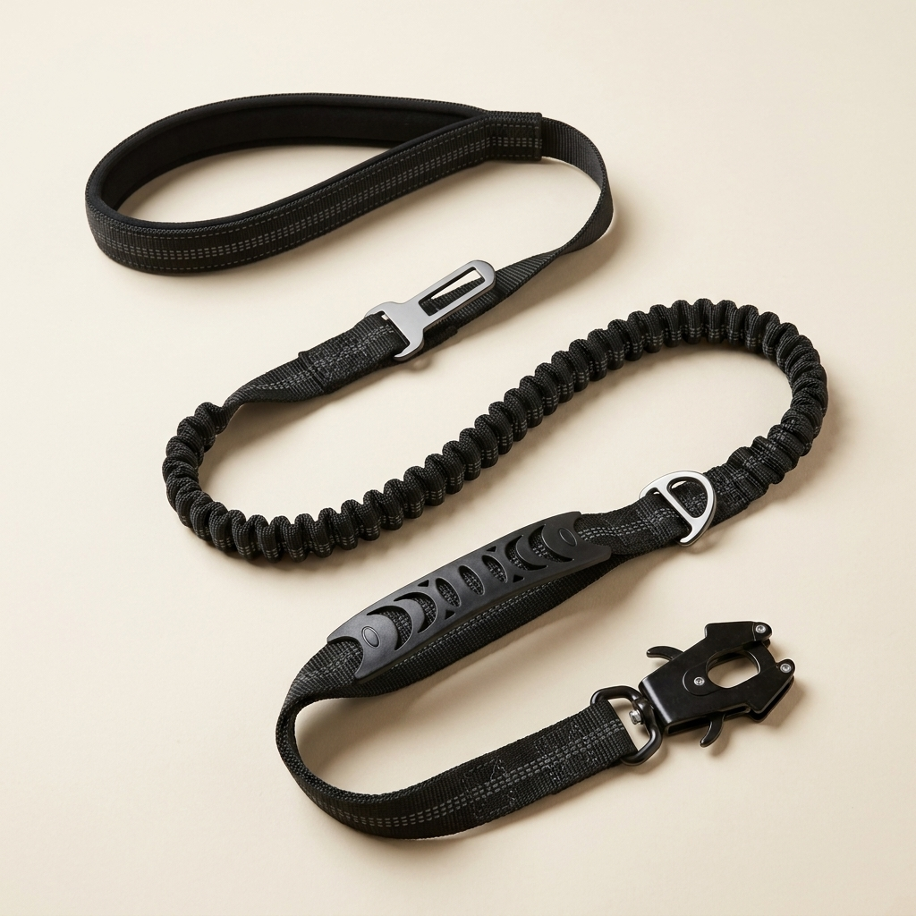 The Wandra Transit Lead in black, laid flat showing the padded loop handle, bungee section, rubber traffic handle, metal D-ring and trigger clip