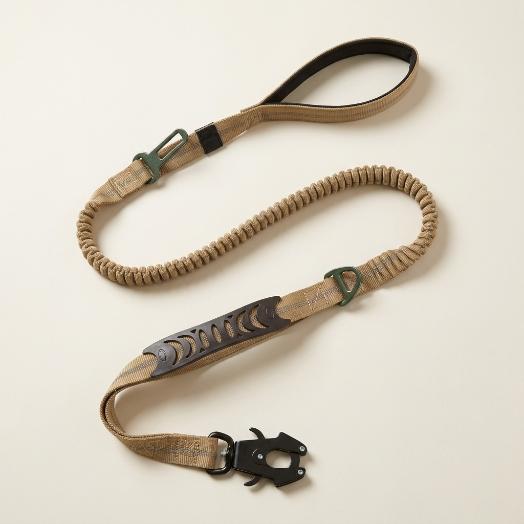 The Wandra Transit Lead in khaki, laid flat showing the padded handles, bungee section and olive snap hooks