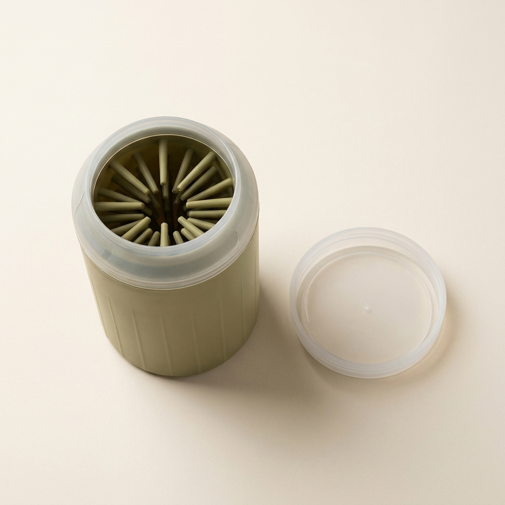 The Wandra Rinse Cup in olive, shown upright with its lid beside it and the silicone bristles visible inside