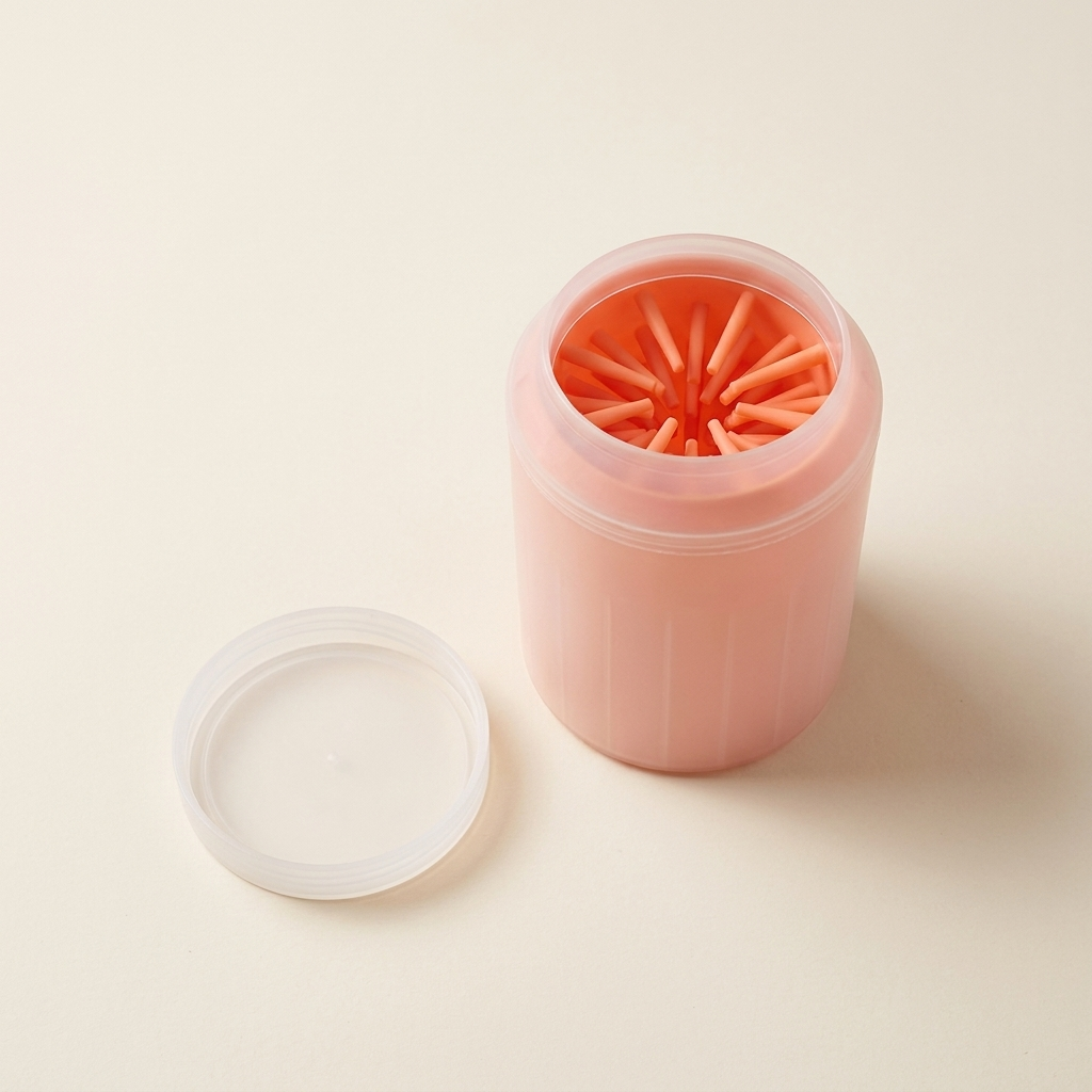 The Wandra Rinse Cup in coral, shown upright with its lid beside it and the silicone bristles visible inside