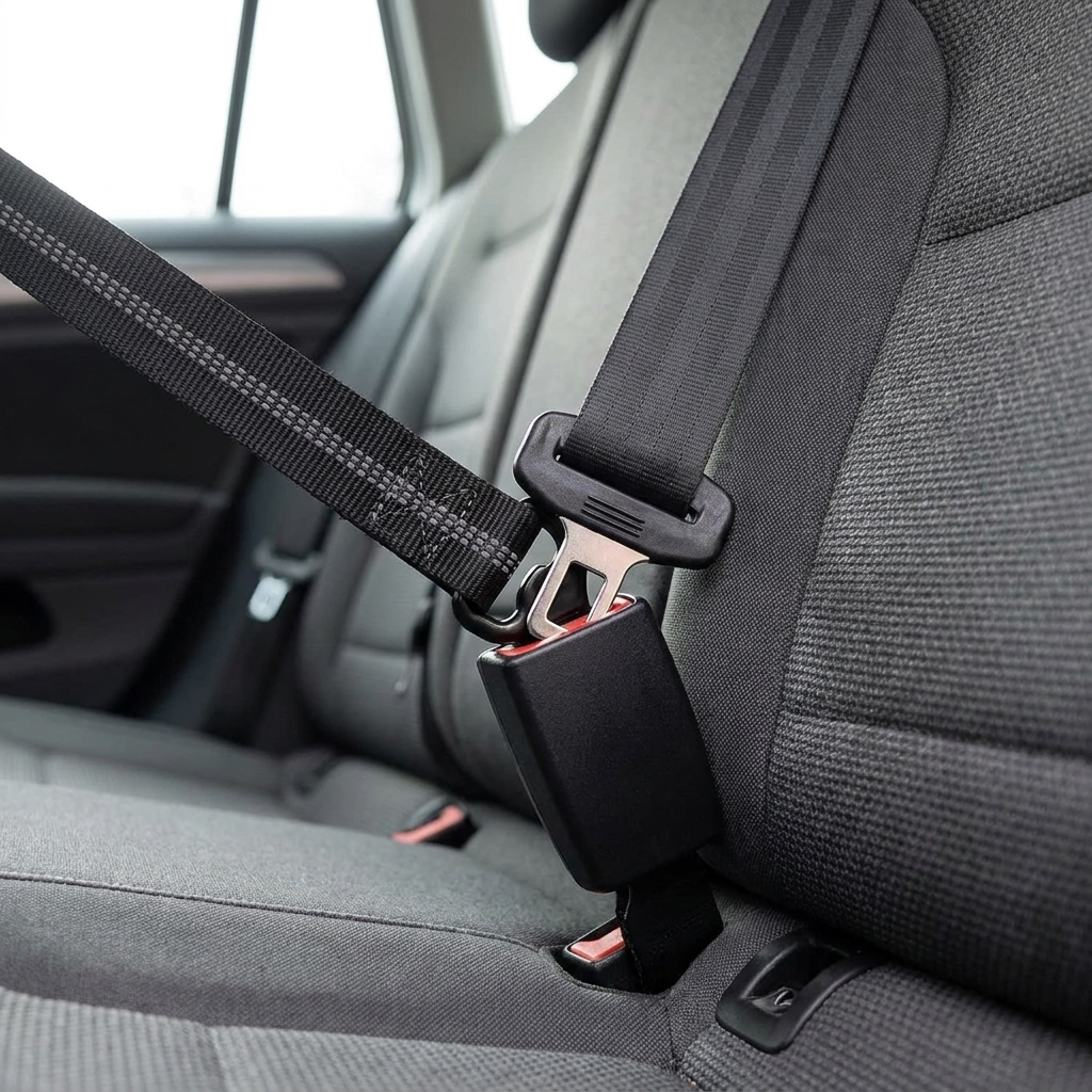 The Wandra Transit Lead's metal seatbelt tongue clicked into a car seatbelt buckle on a rear car seat
