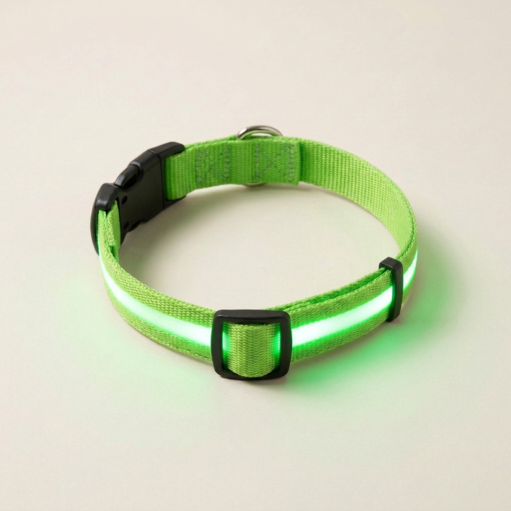 The Wandra Beacon Collar in green with its light strip switched on and glowing green