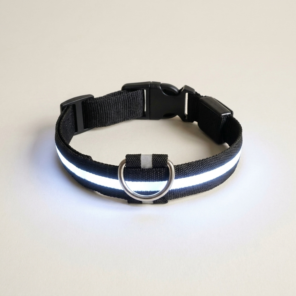 The Wandra Beacon Collar in black with its light strip switched on and glowing white