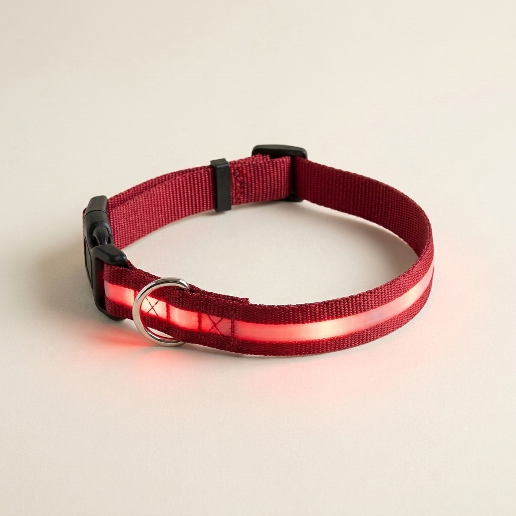 The Wandra Beacon Collar in red with its light strip switched on and glowing red