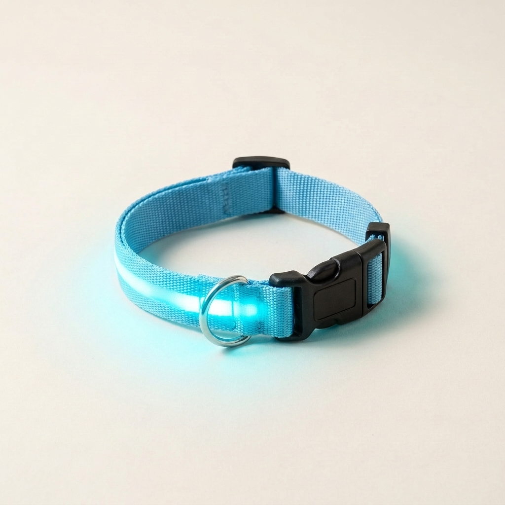 The Wandra Beacon Collar in blue with its light strip switched on and glowing blue