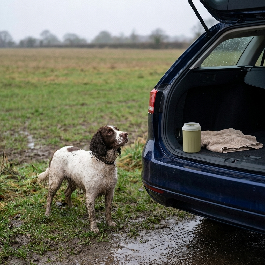 The Wandra Rinse Cup in olive standing in the boot of an estate car beside a towel, with a muddy springer spaniel waiting on the grass