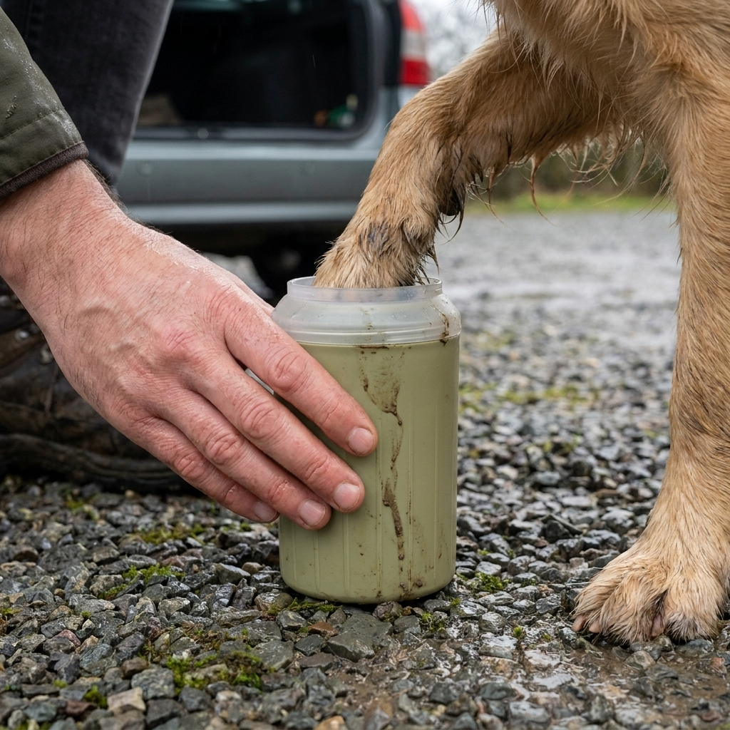A muddy dog's paw being lowered into the Wandra Rinse Cup, held steady on wet gravel behind a car