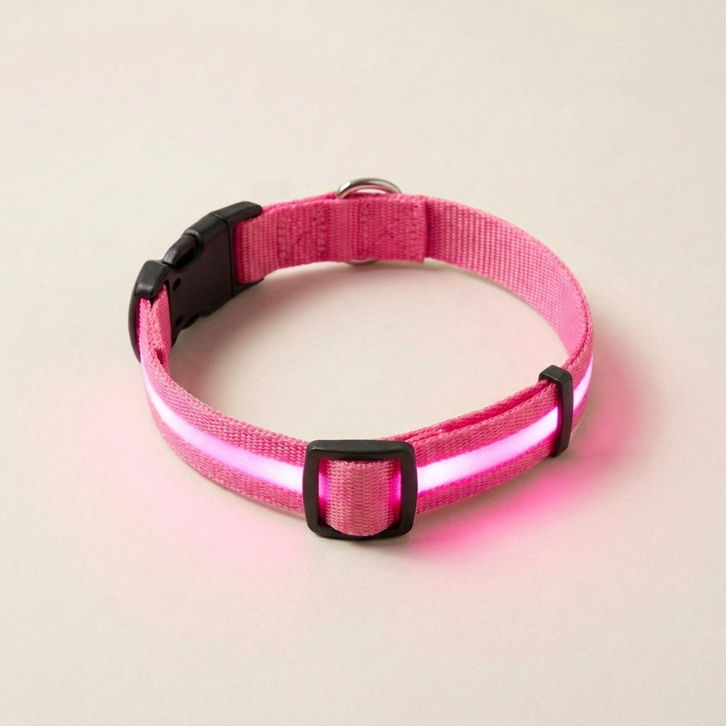 The Wandra Beacon Collar in pink with its light strip switched on and glowing pink