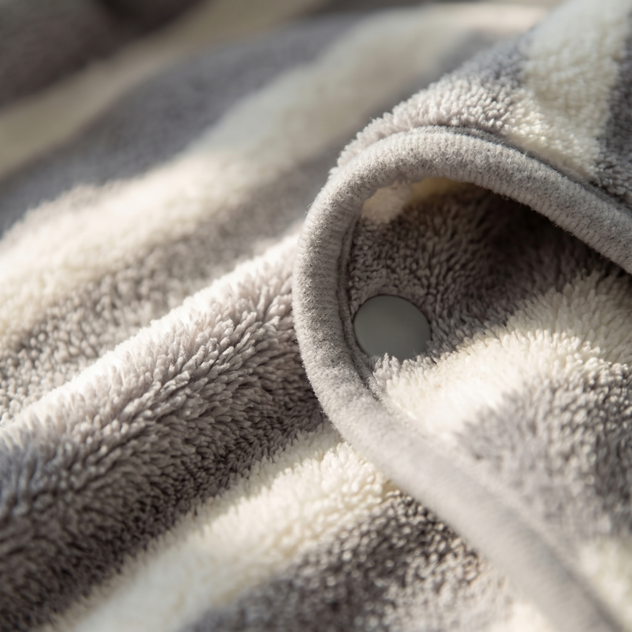 Close detail of the Wandra Fen Robe showing the plush coral fleece pile, bound collar edge and snap fastening
