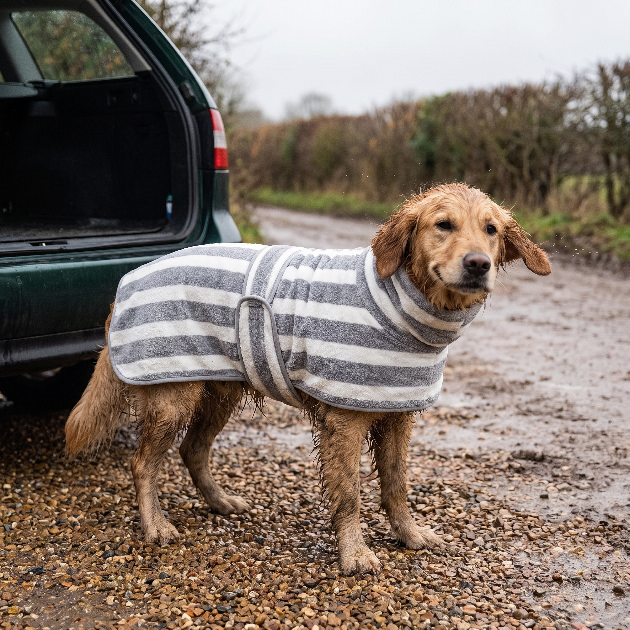 A wet golden retriever wearing the Wandra Fen Robe in slate stripe, standing on a muddy track at the open boot of a car