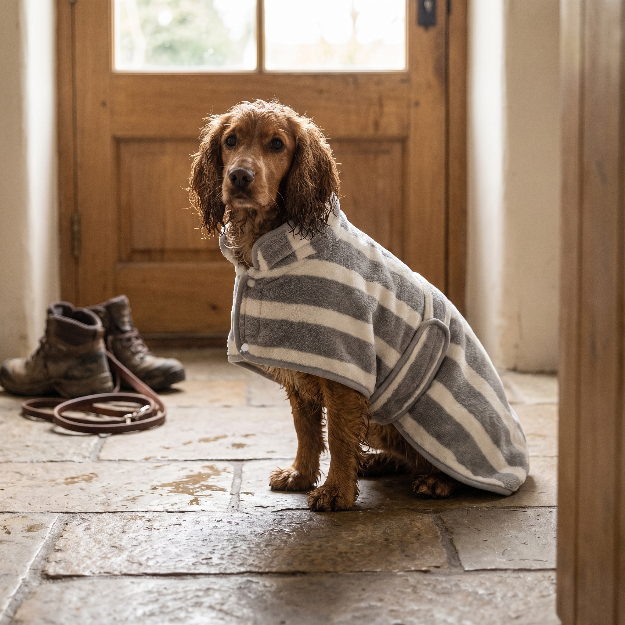A damp cocker spaniel in the Wandra Fen Robe sitting on flagstones inside a back door, walking boots and lead behind