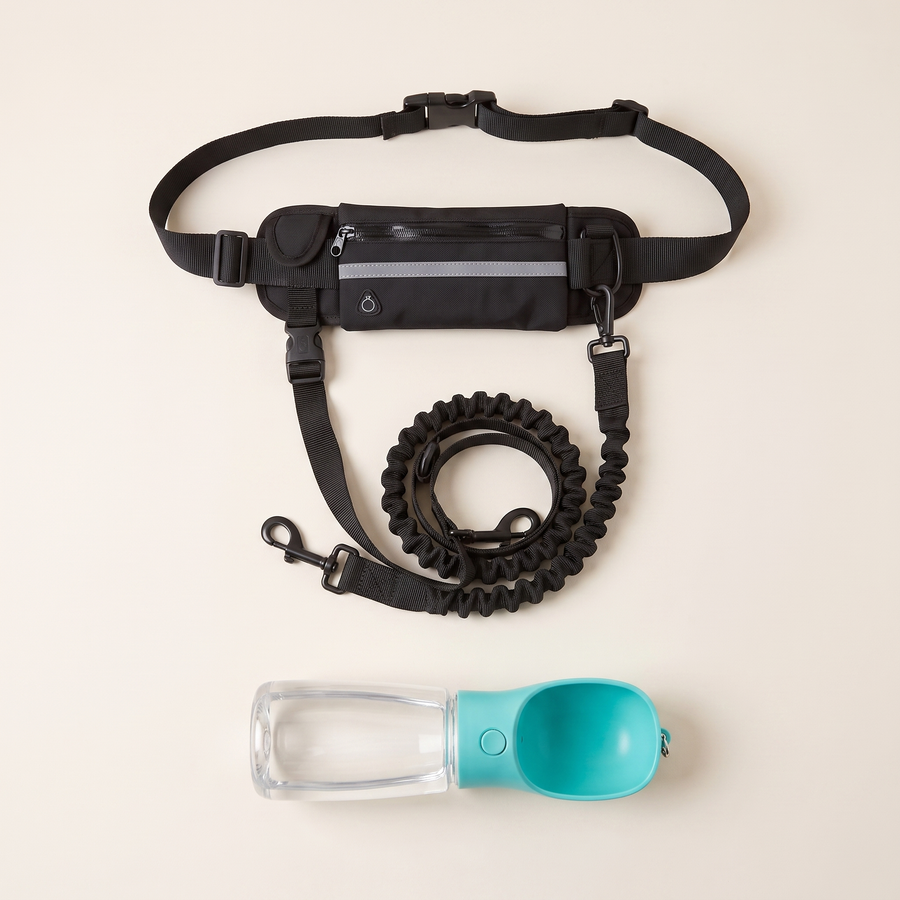 The Walk Kit laid out flat: the black WANDRA Roam Lead hands-free waist belt with its zipped pouch and coiled bungee lead above, and the teal Sip Bottle with its built-in drinking scoop below
