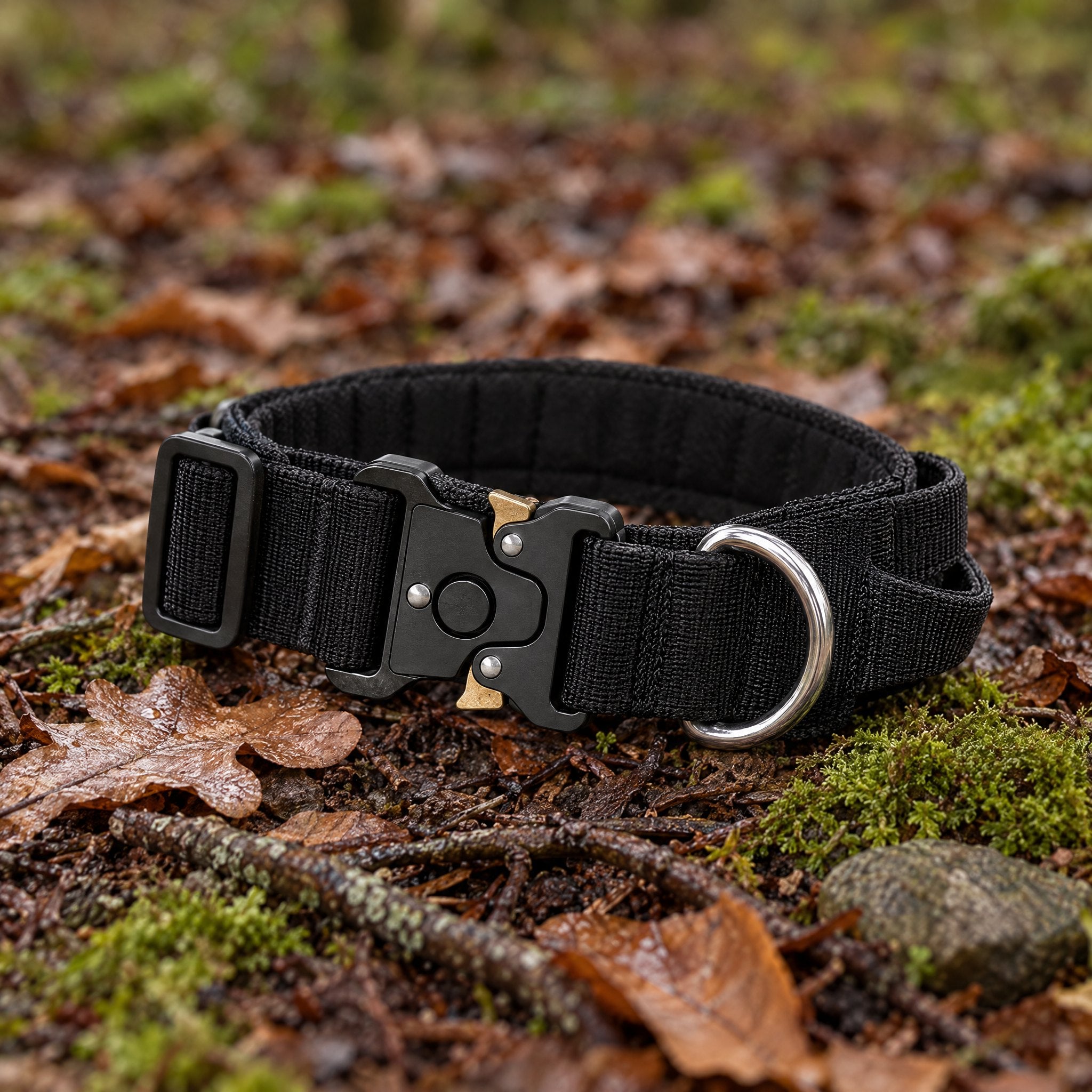 Wandra Crag Collar in Black lying on moss and fallen leaves on a woodland floor