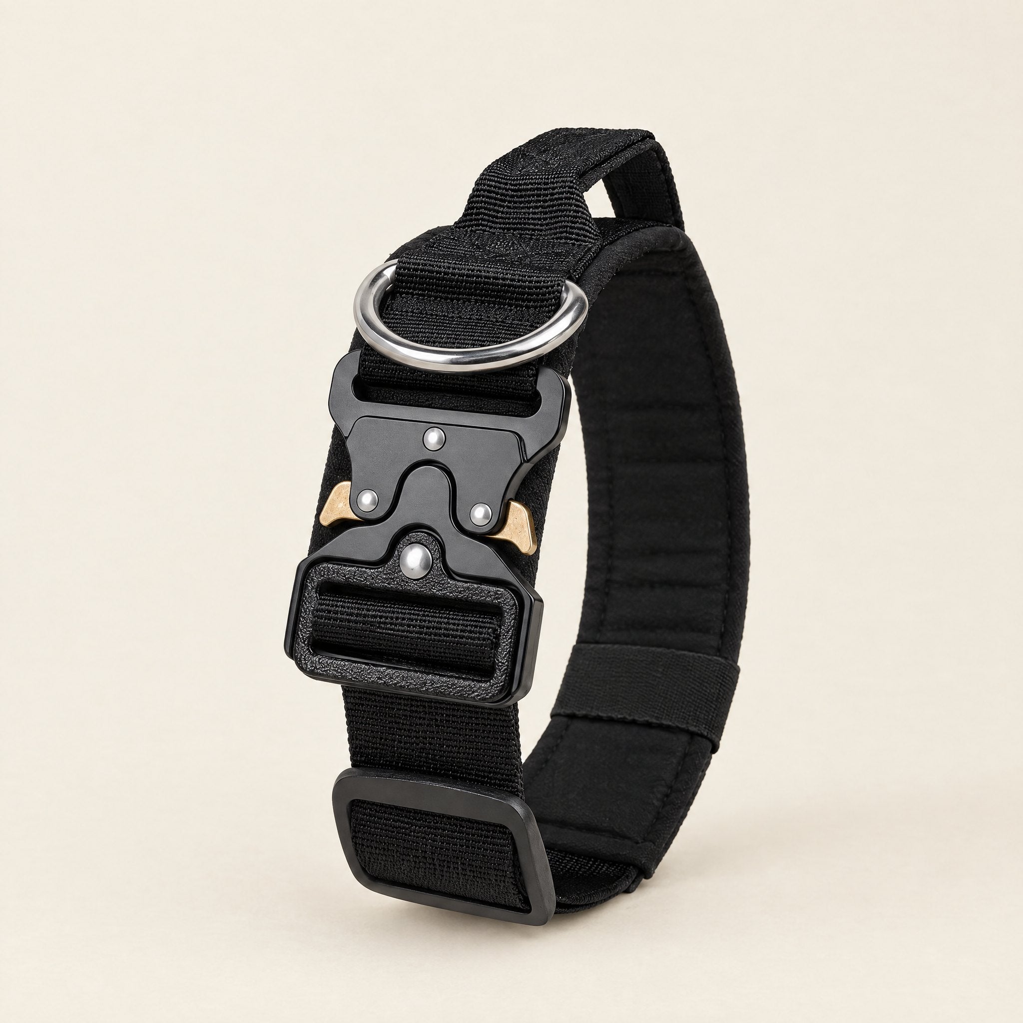 Wandra Crag Collar in Black, a padded dog collar with a metal quick-release buckle, steel D-ring and built-in handle