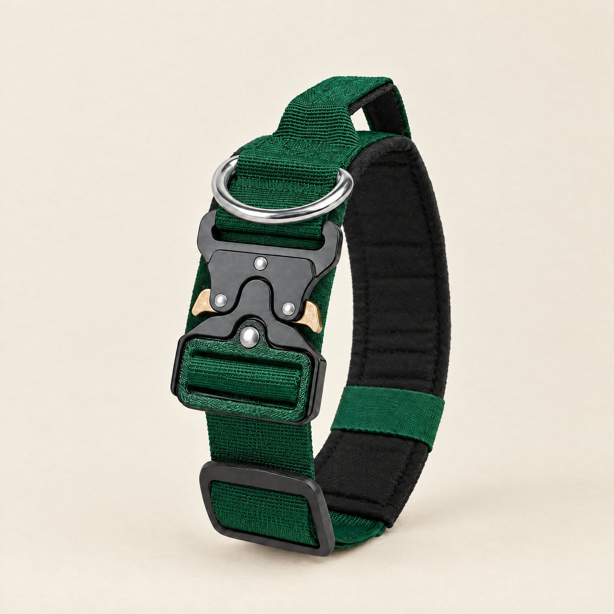 Wandra Crag Collar in Forest green, a padded dog collar with a metal quick-release buckle and built-in handle