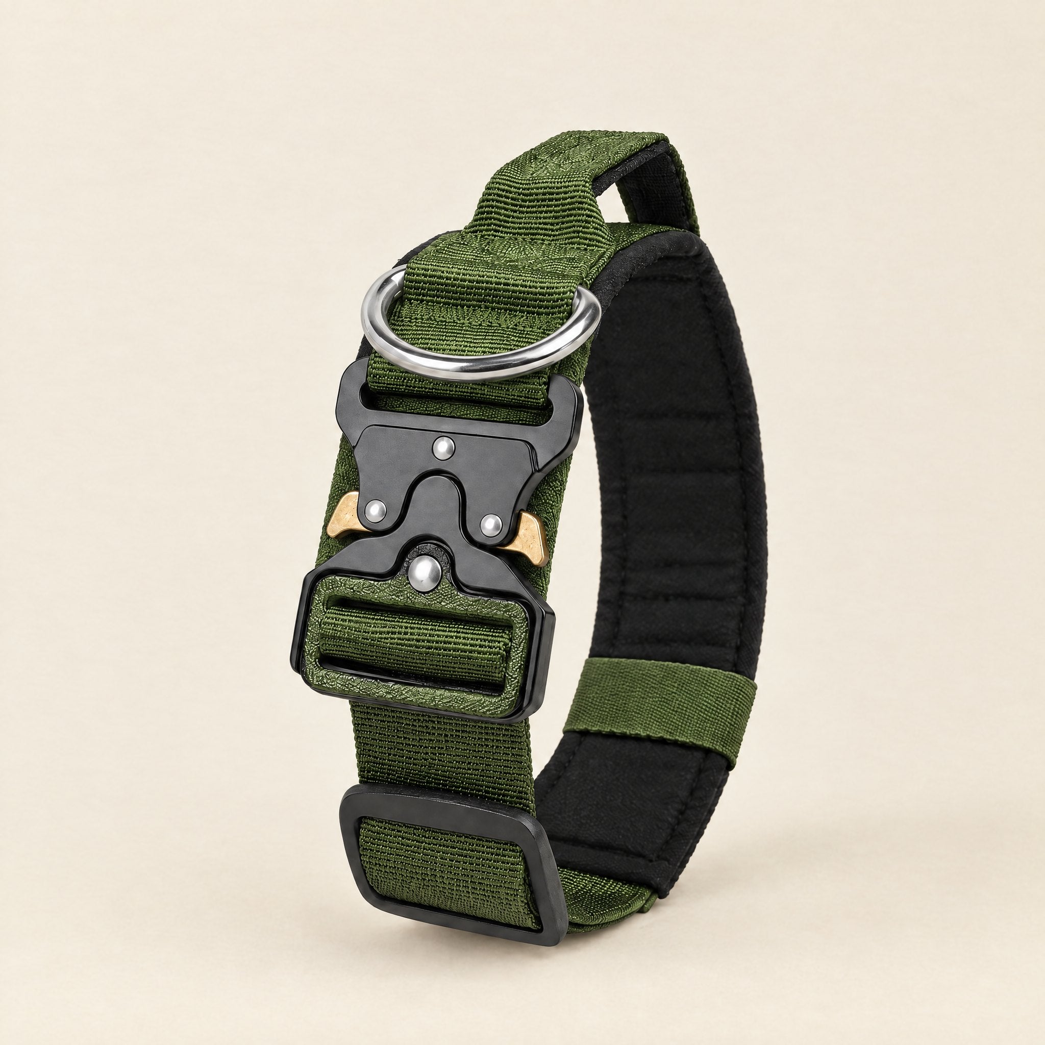 Wandra Crag Collar in Moss green, a padded dog collar with a metal quick-release buckle and built-in handle