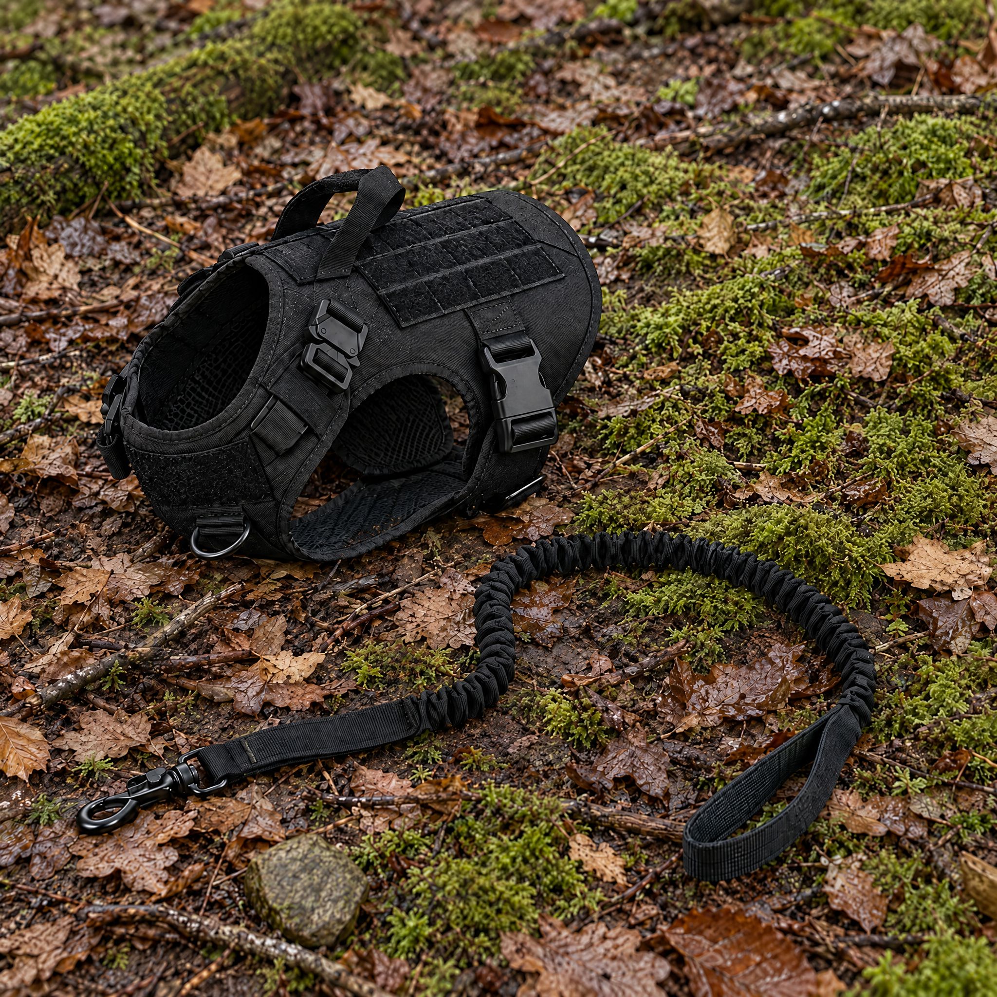 Wandra Tor harness and bungee lead in Black, put down on moss and fallen leaves on a woodland floor