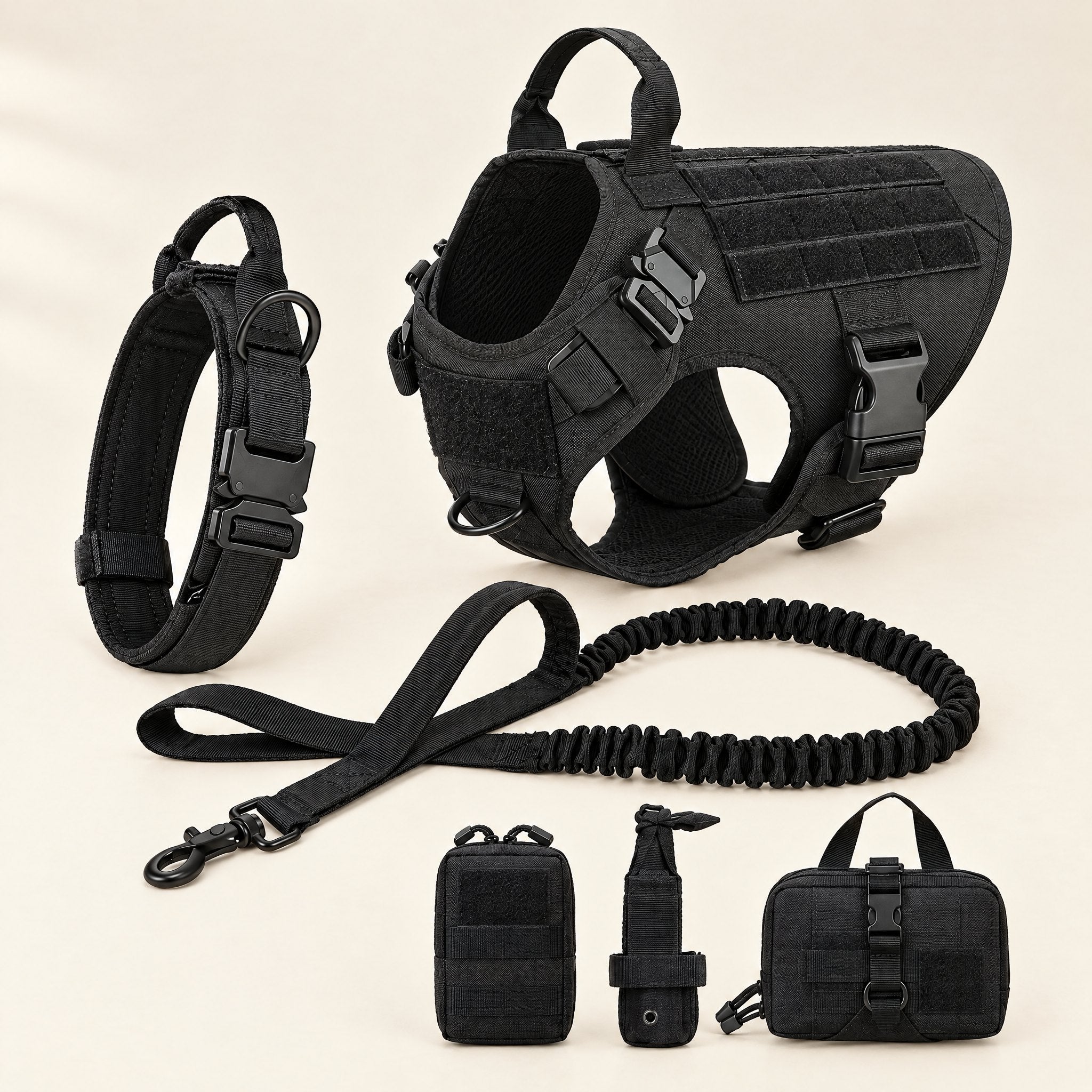 Wandra Tor Harness Set in Black: padded vest harness, padded collar, bungee lead and three pouches