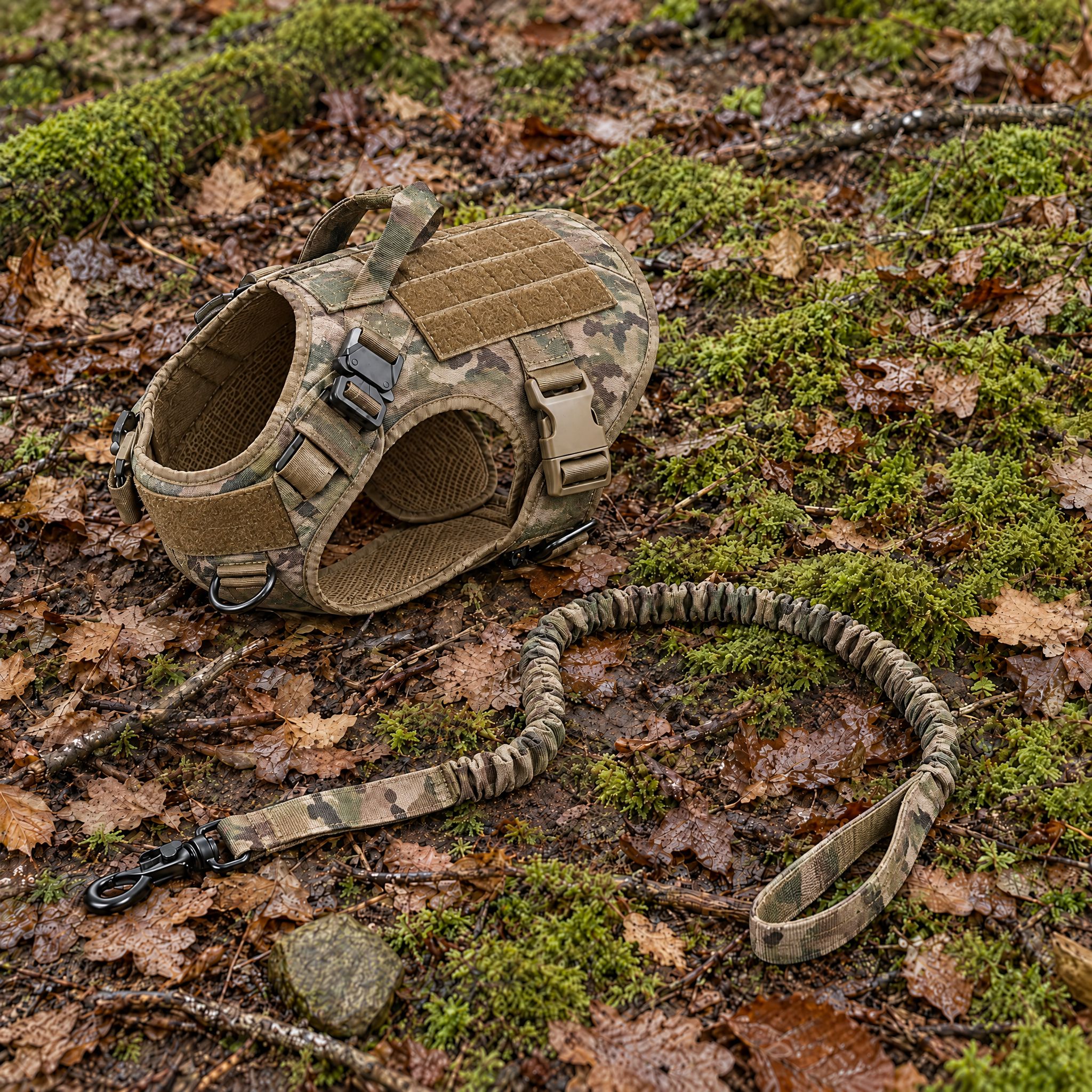 Wandra Tor harness and bungee lead in Camo, put down on moss and fallen leaves on a woodland floor