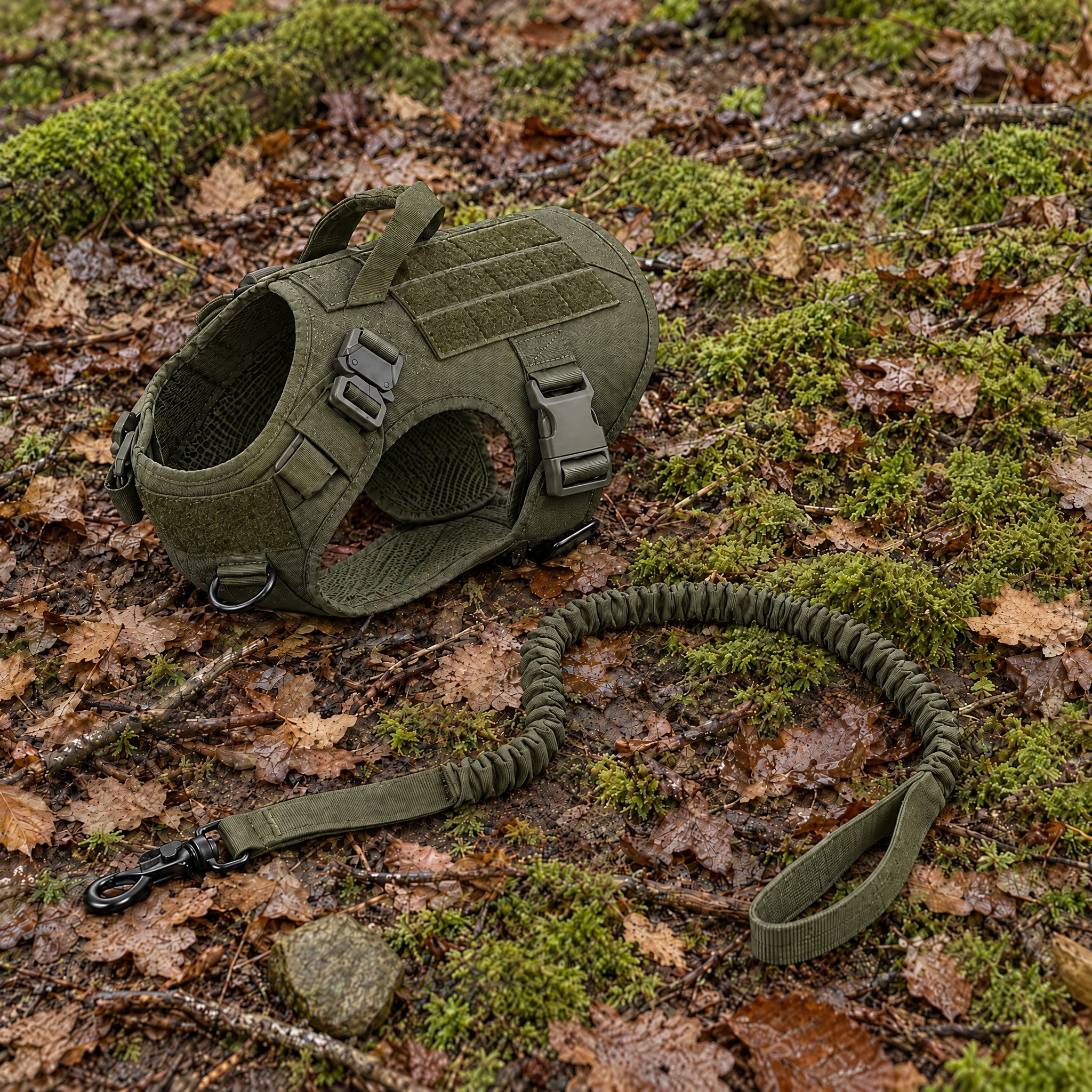 Wandra Tor harness and bungee lead in Olive, put down on moss and fallen leaves on a woodland floor