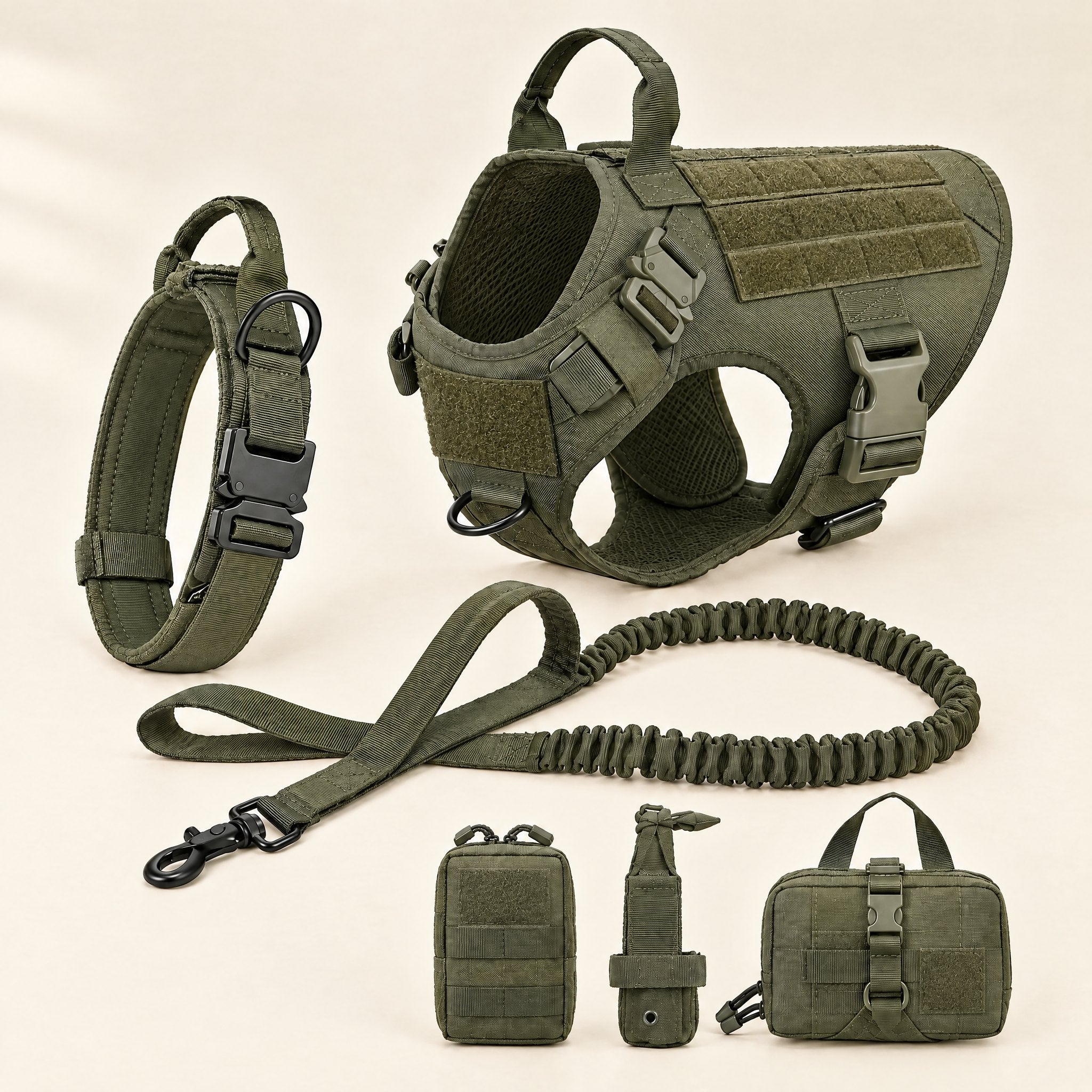 Wandra Tor Harness Set in Olive: padded vest harness, padded collar, bungee lead and three pouches