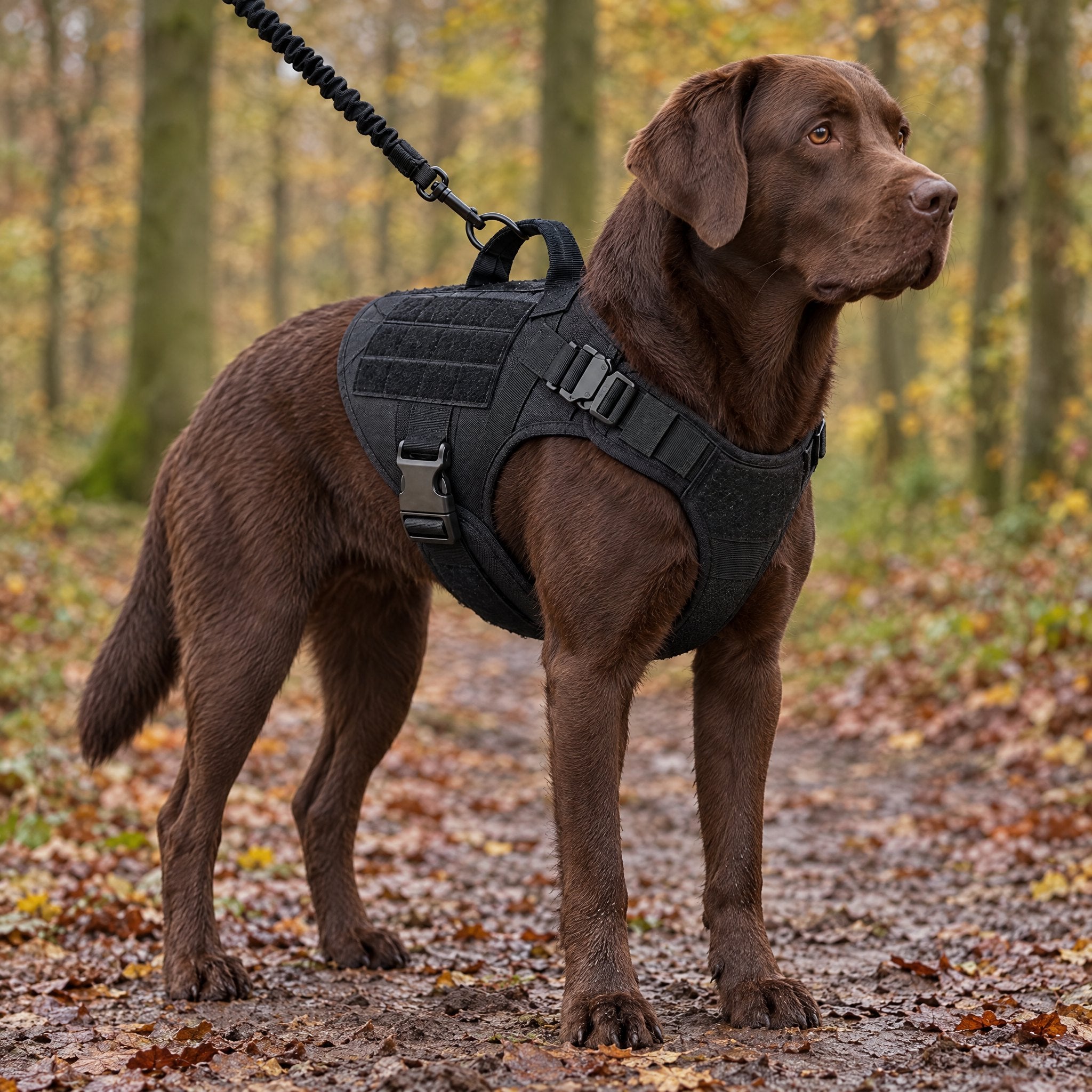Chocolate Labrador wearing the Wandra Tor harness in Black with the bungee lead clipped to the back, on an autumn woodland path