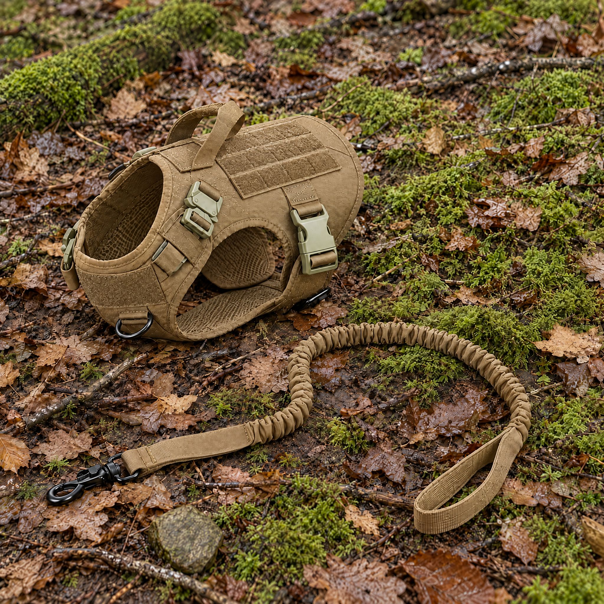 Wandra Tor harness and bungee lead in Tan, put down on moss and fallen leaves on a woodland floor